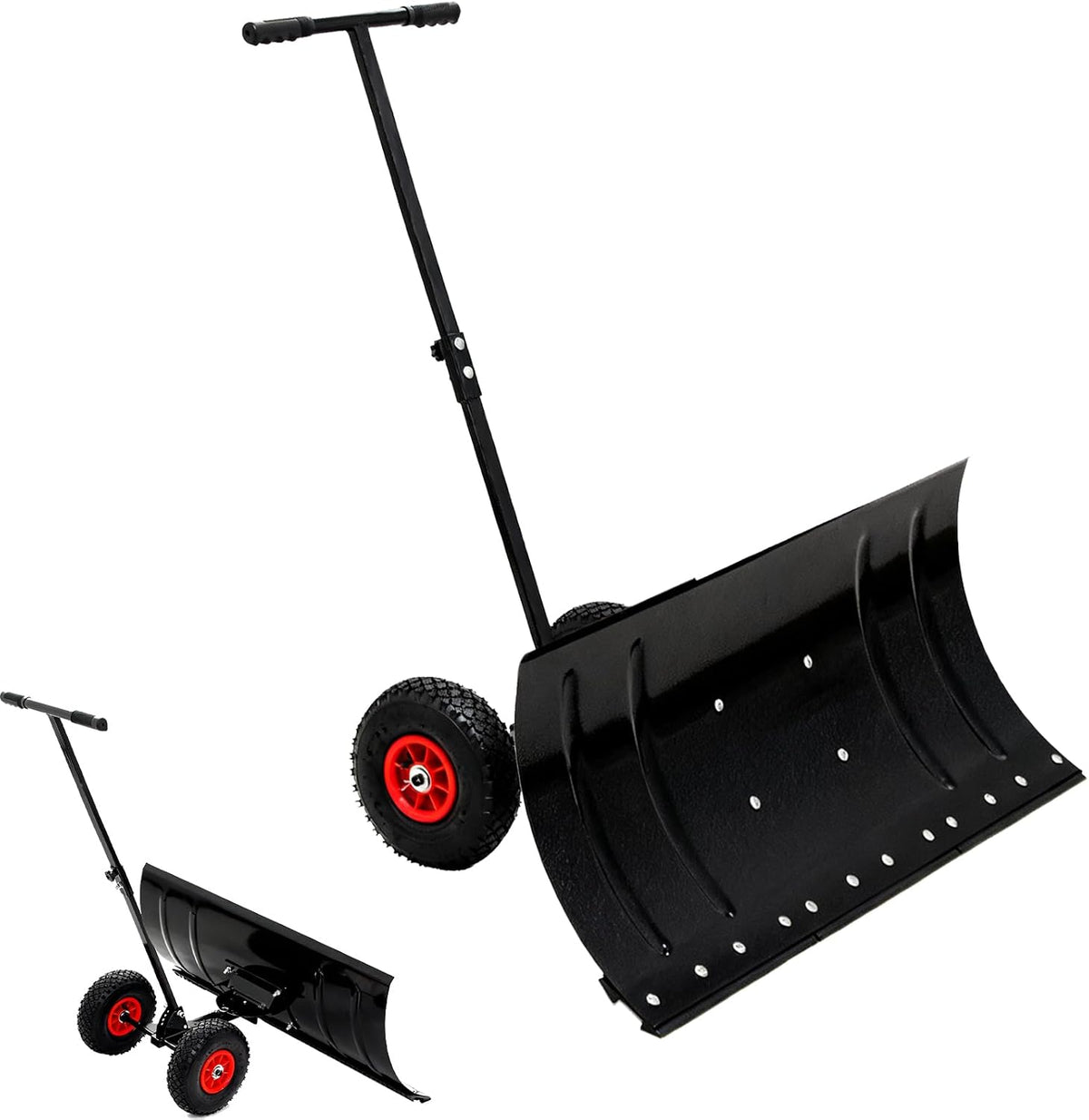 Snow Shovel with Wheels, Heavy Duty Metal Snow Pusher for Driveways, Push Snow Shovel with 5 Level Adjustable Angle & Height Handle for Snow Removal (Single Rod)