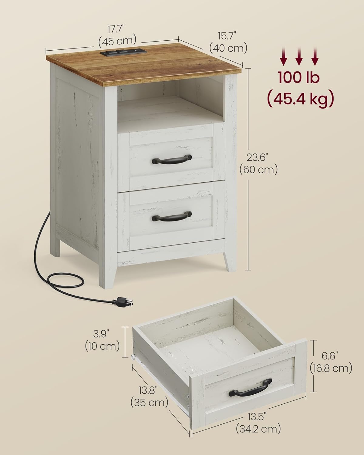 VASAGLE Set of 2 Nightstands with 2 Drawers and Charging Station