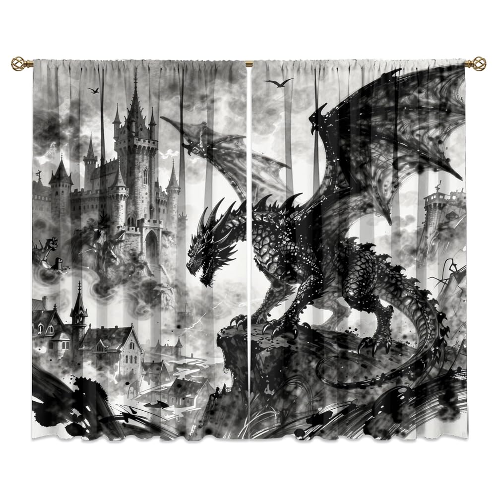 Dreamy Ice Fire Dragon Rod Pocket Curtains-Fantasy Yin Yang Theme Blackout Curtains & Drapes for Bedroom,Mythological Wild Animals Dragon Room Darkening Window Curtain,2pcs,Each 52“W x 96”L