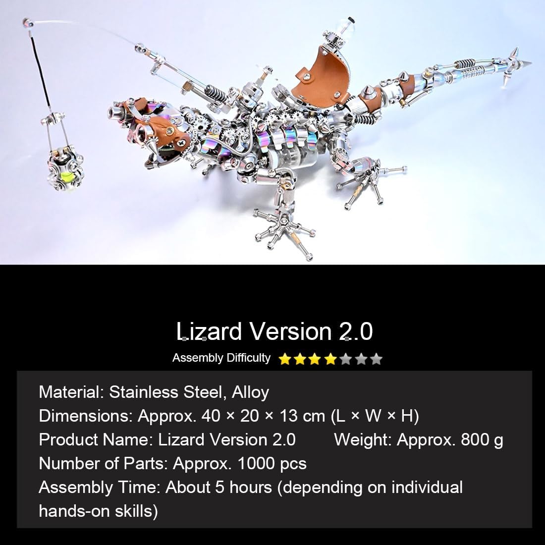 3D Metal Puzzle Animal Model Kit, 1100PCS DIY Assemble Steampunk Mechanical Lizard Model with LED Light, Creative Handcrafted Metal Art Craft Desktop Display & Decoration for Adults