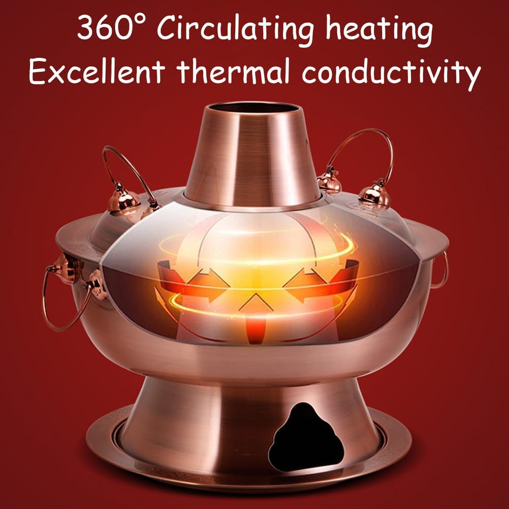 Hot Pot, Chinese Charcoal Hotpot, Extra Thick Stainless Steel Stew Pan, Vintage Hot Pot with Chimney Shabu Shabu Hotpot for Family Dinners and Stewed Lamb Camping,Brass,30cm/11.8inch