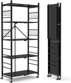Himix 5-Tier Foldable Storage Shelves with 20 Hooks Wheels Kitchen Black
