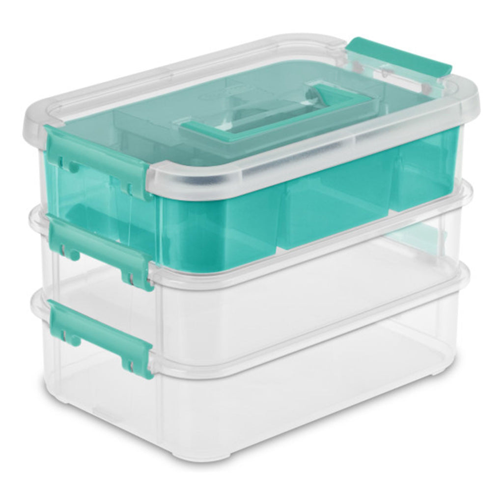 Sterilite Stack & Carry Storage Box, 3 Layer Clear Plastic Tote, 12-Pack
