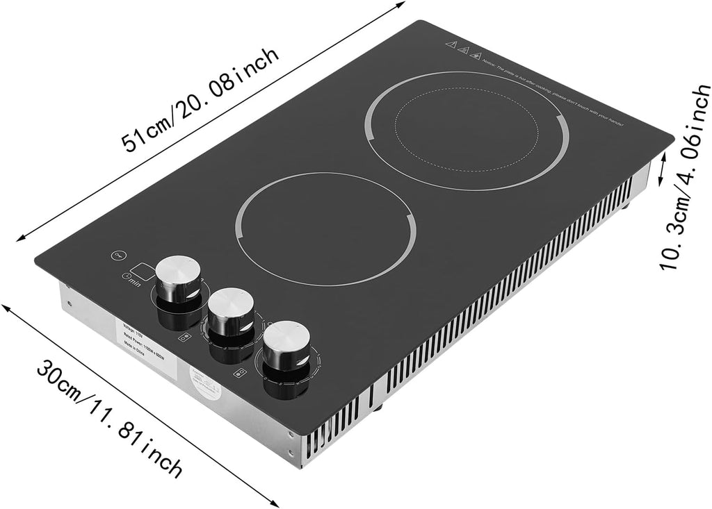2 Burners Electric Cooktop, 20 Inch 110V 1700W Electric Ceramic Cooktop Built-in Electric Stove Top with 5 Power Levels and Kid Safety Lock and Timer (No Plug)