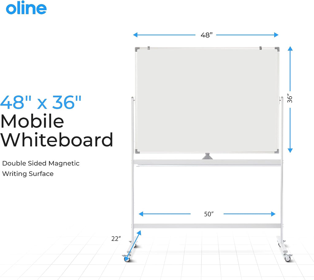Oline Mobile Whiteboard 48 x 36 Inch Large Height Adjust 360° Magnetic Rolling Double Sided Reversible Dry Erase Board (48x36, White & Silver)