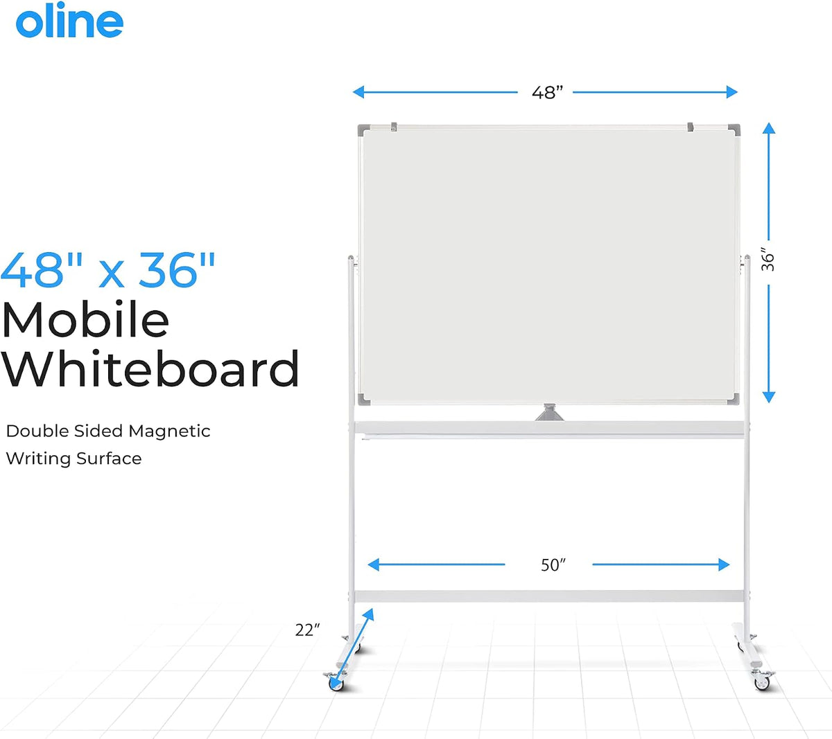 Oline Mobile Whiteboard 48 x 36 Inch Large Height Adjust 360° Magnetic Rolling Double Sided Reversible Dry Erase Board (48x36, White & Silver)
