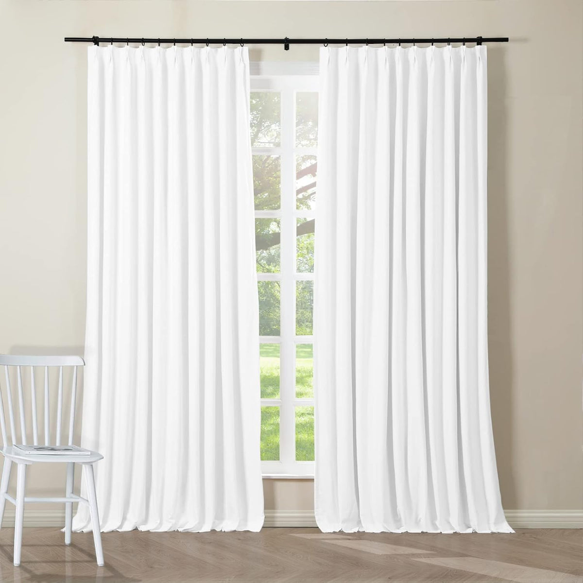 ChadMade Pinch Pleated Curtain Blackout White Pure 100% Cotton Duck Drape 108 Inches Long Curtain Plain Weave with Blackout Lining 50Wx108L (1 Panel), BOZI Collection