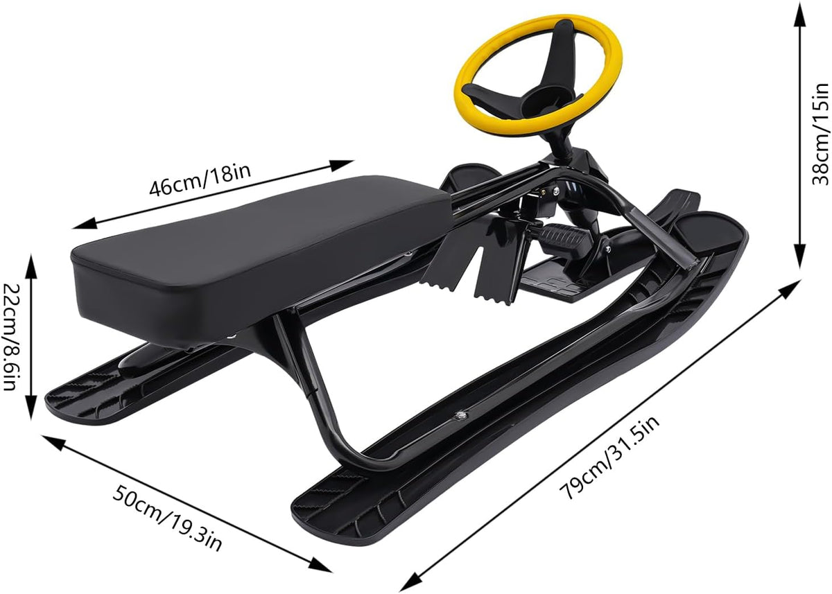 Snow Racer Sled with Steering Wheel and Brakes, Durable Steel Frame, Downhill Steerable Sled for 220 LBS Kids, Teenagers, Adults