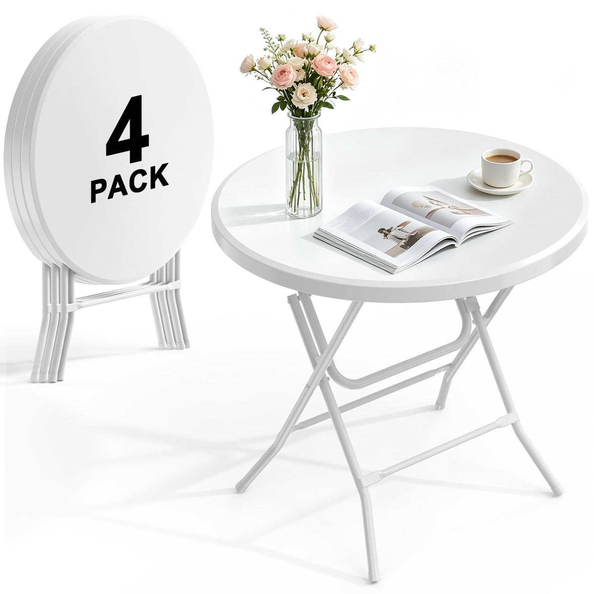 32" Round Folding Table, HDPE Top & Metal Frame, 2 Pack, White