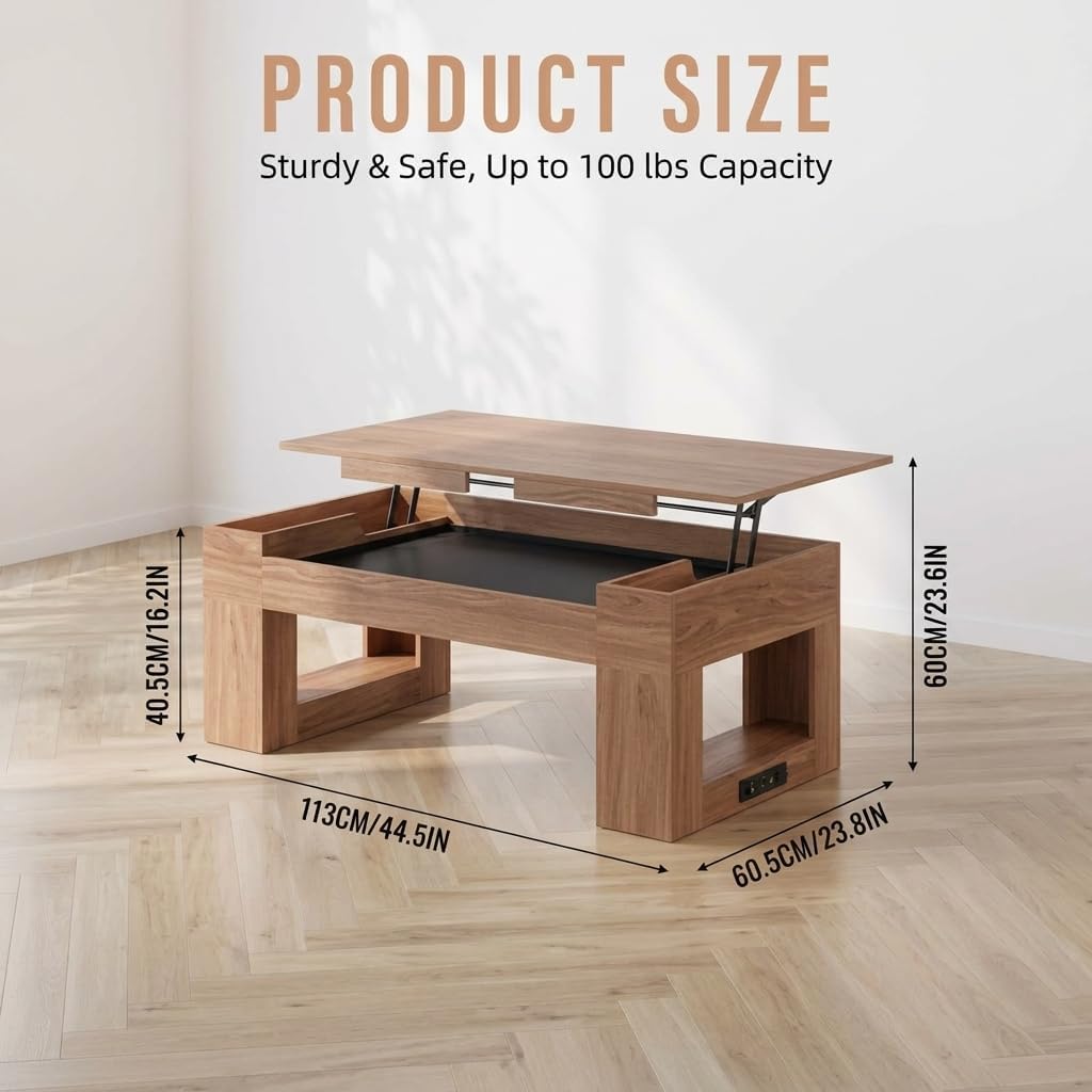 Lift Top Coffee Table with Puzzle Tray, Modern Wood Center Table with Hidden Storage & Charging Station for Living Room, Brown