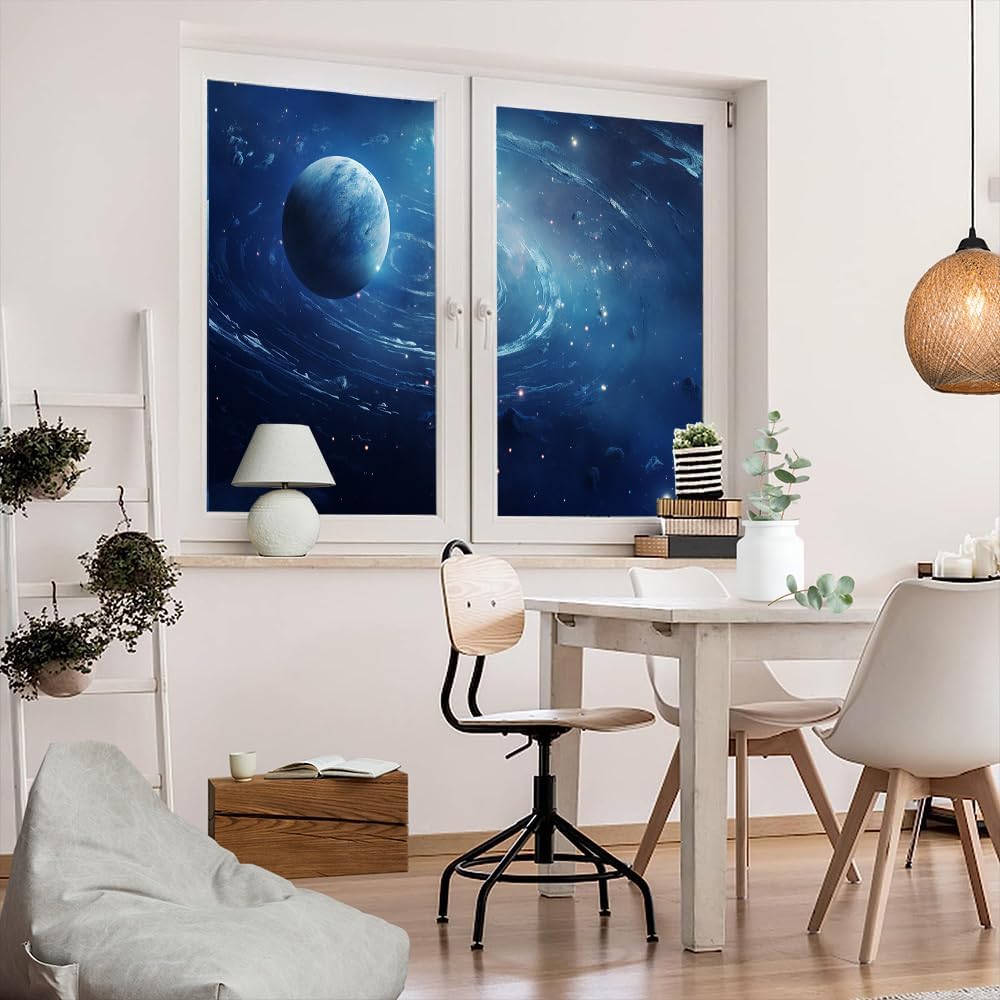 Fantasy Galaxy System Window Film Sun Blocking Abstract Space View Earth House Window Tint Film Adhesive Glass Sticker Coverings for Home Decorative 31.5Wx55.1L-inch x2 Pcs