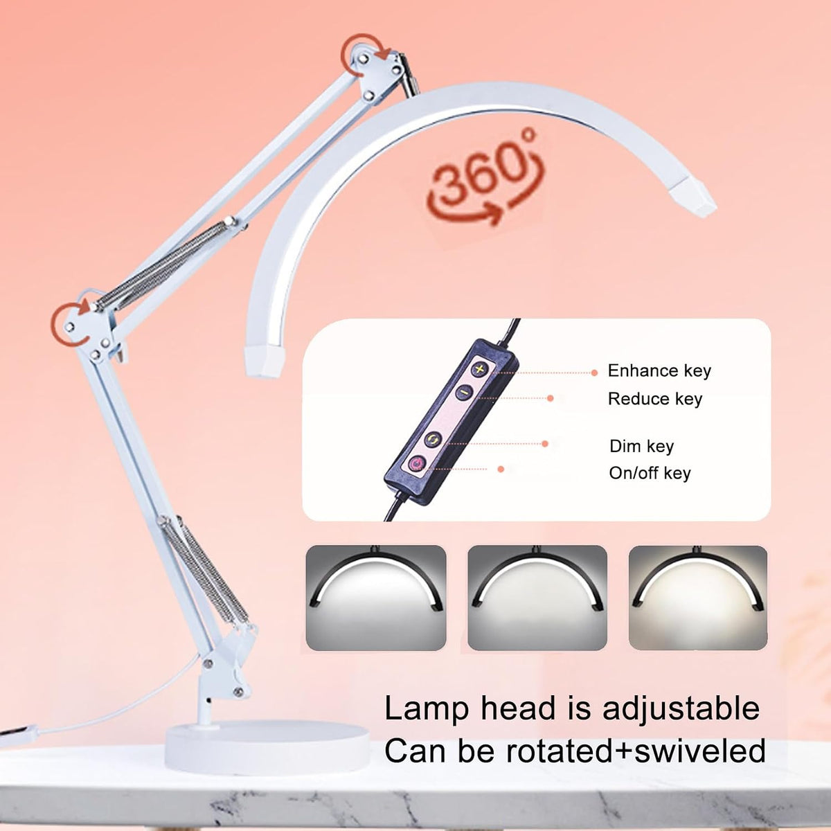 Eyelash Extension LED Desk Lamp, Dimmable Swing Arm Nail Lamp for Manicurists, Beauticians (White)