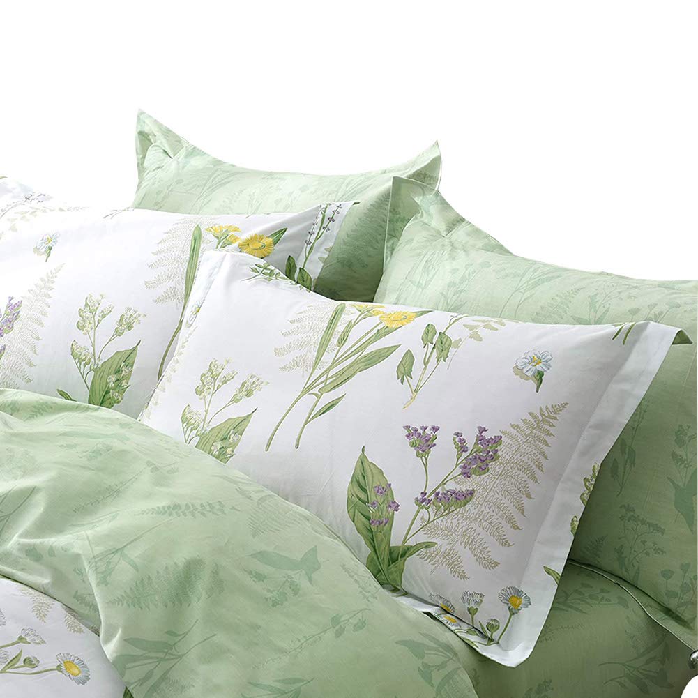FADFAY Floral Duvet Cover Set 100% Cotton Green Striped and Beige Bedding White Flower Branches Print 600 TC Soft Reversible Zipper Bed Cover & 2 Pillowcases,King/Cal King(106x92)