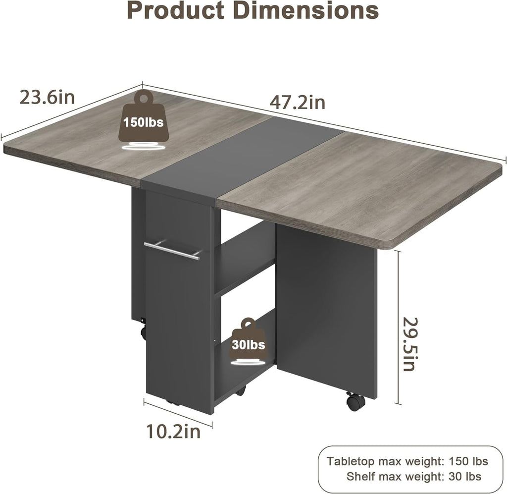 IDEALHOUSE FoldingTable, Drop Leaf Dining Table with 6 Wheels and 2-Layer Storage Shelf, Space Saving Table for Small Spaces (Slate Oak, 47.2" D x 23.6" W x 29.5" H)