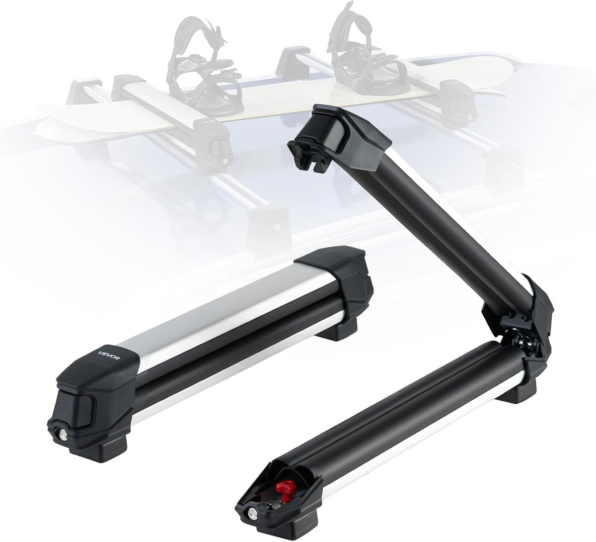 VEVOR Ski & Snowboard Roof Rack, Carry up to 4 Pairs of Skis or 2 Snowboards, 2 PCS Aluminum Universal Car Roof Rack with Lock & Rubber Padding, Carrier for Fishing Rod, Fit Most Slotted Crossbars