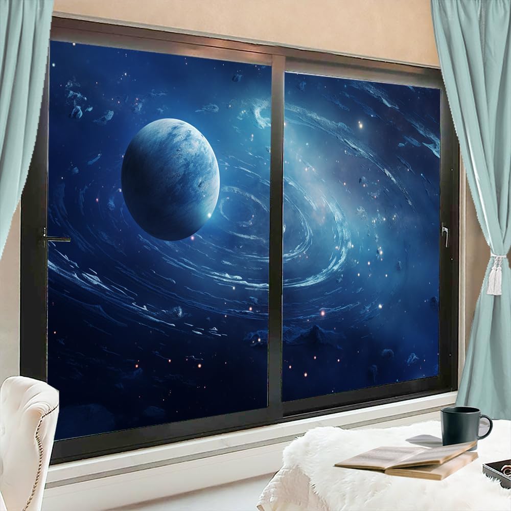 Fantasy Galaxy System Window Film Sun Blocking Abstract Space View Earth House Window Tint Film Adhesive Glass Sticker Coverings for Home Decorative 31.5Wx55.1L-inch x2 Pcs