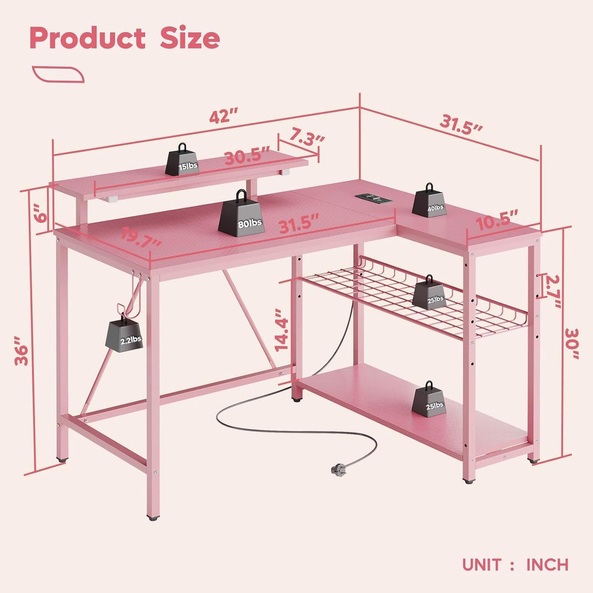 Bestier 42-Inch Pink L-Shaped Gaming Desk with Charging & LED