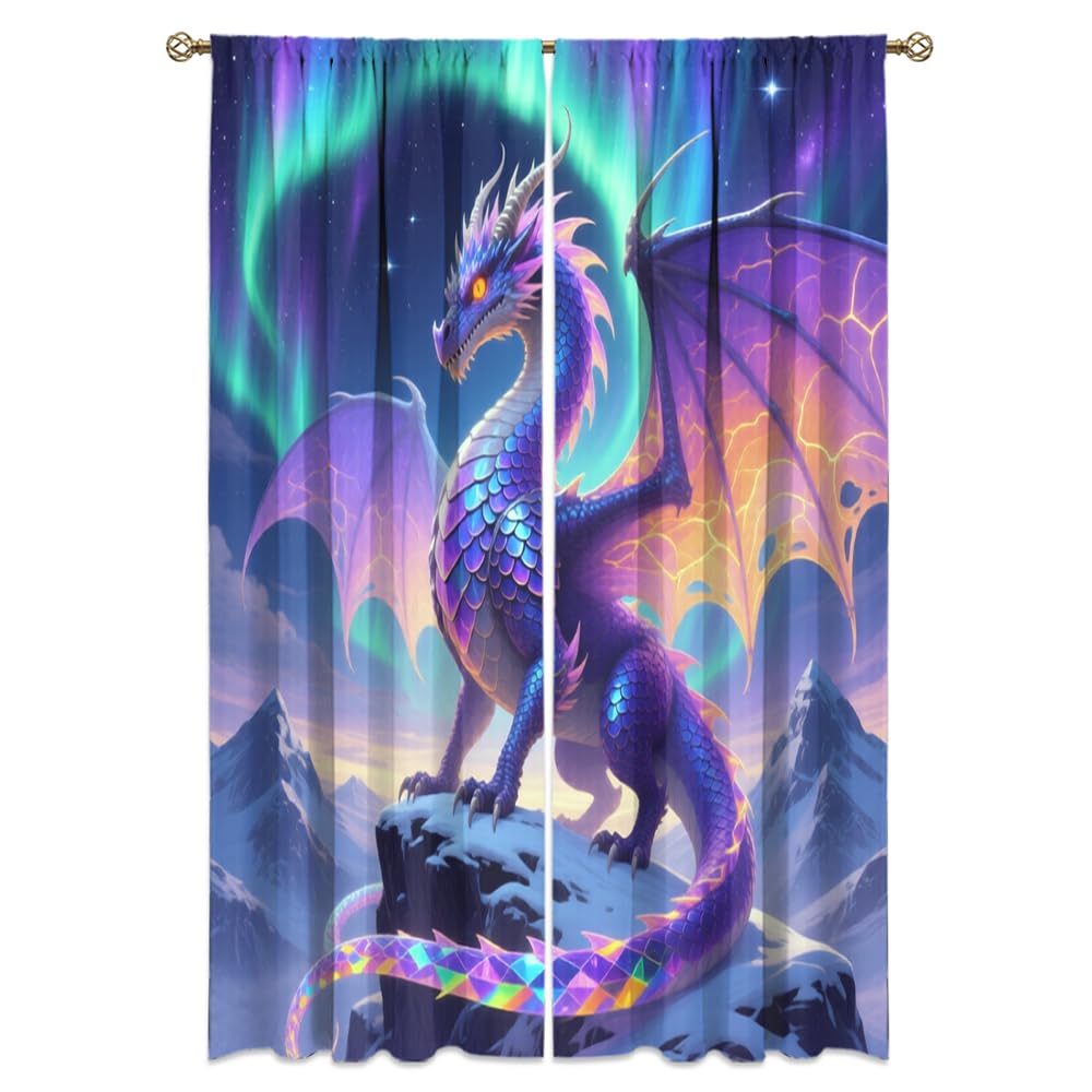 Fantasy Mythical Animal Dragon Curtains,Dreamy Galaxy Full Moon Room Darkening Blackout Window Treatment,Mythological Wildlife Dragon Rod-Pocket Privacy Curtains,2pcs,Each 52“W x 96”L