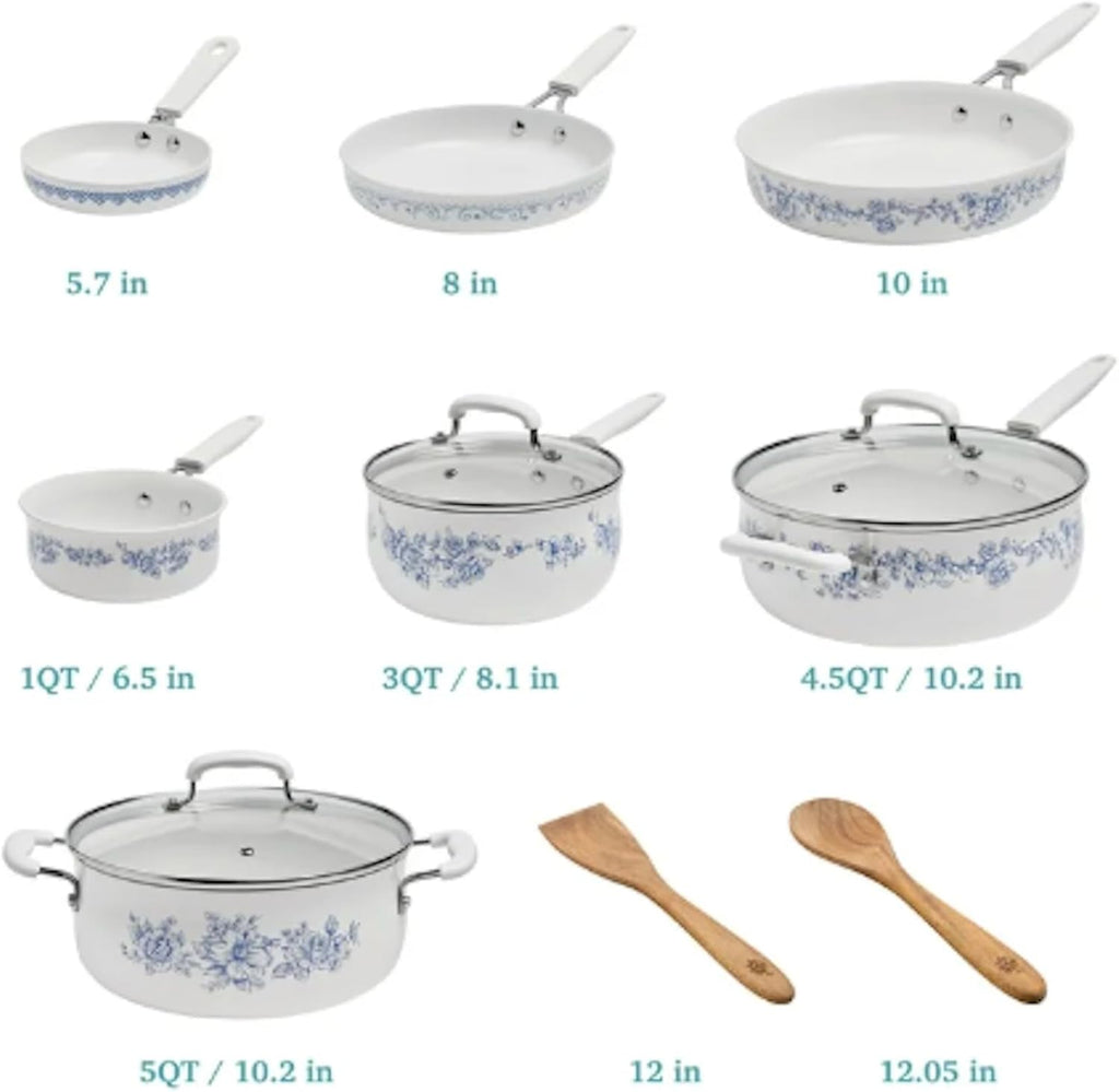 Pioneer Woman Style Agatha 12-Piece Aluminum & Ceramic Classic Cookware Set Blue