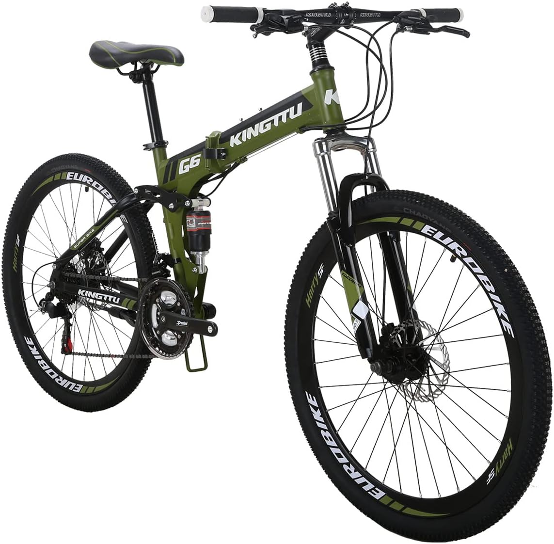 Eurobike Adult Folding Bike HY G6 Bicycle 26 Inches Muti Spoke Wheels 21 Speed Dual Suspension Folding Mountain Bike (G6 ArmyGreen -KT 32 Spoke)