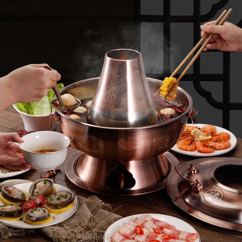 Hot Pot, Chinese Charcoal Hotpot, Extra Thick Stainless Steel Stew Pan, Vintage Hot Pot with Chimney Shabu Shabu Hotpot for Family Dinners and Stewed Lamb Camping,Silver,30cm/11.8inch