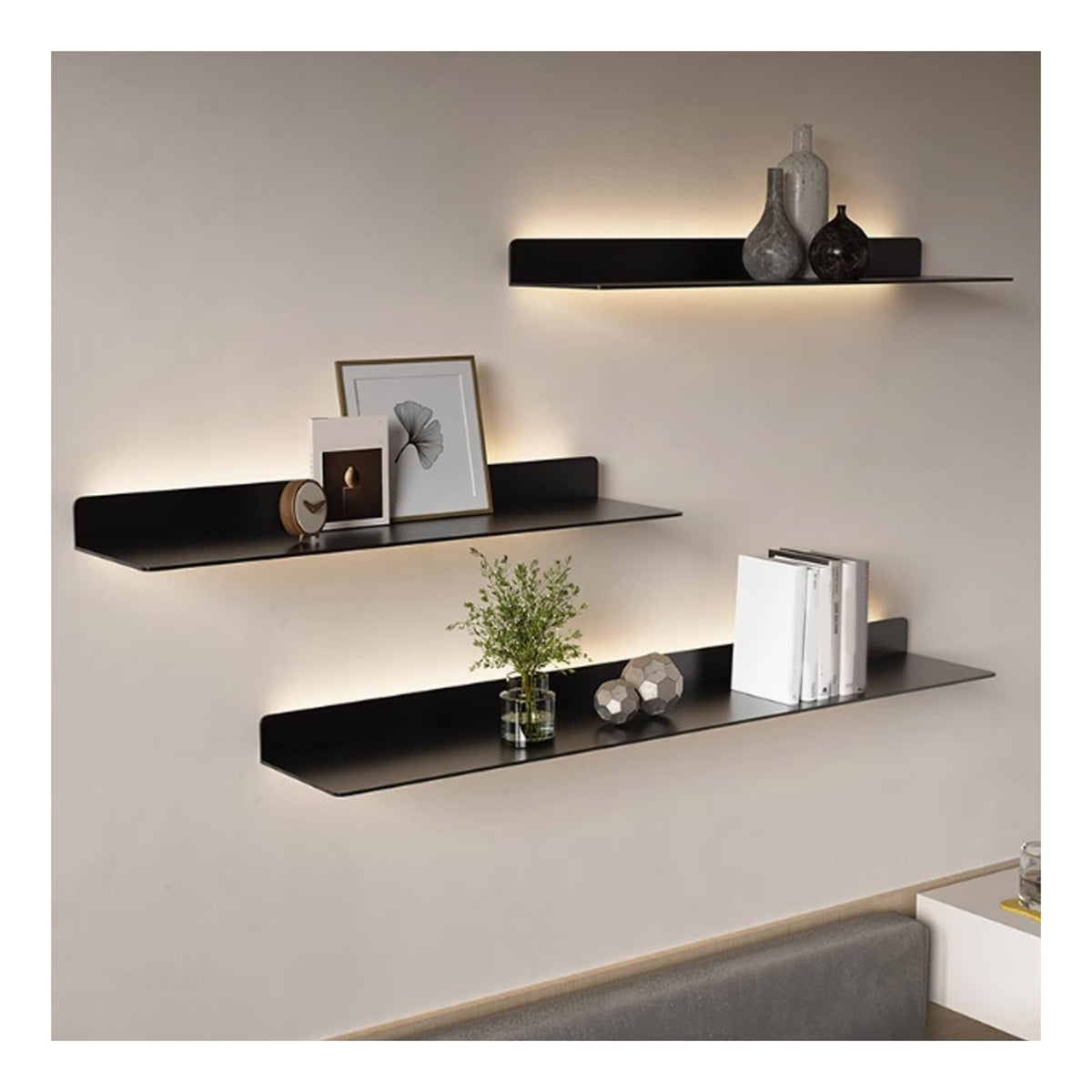 LED Floating Shelves Set of 2, Metal Wall Mounted Display Shelves with Built-in Lights, Modern Gold Floating Shelves for Living Room, Bedroom, Kitchen, Bathroom(White,120cm/47.2in)