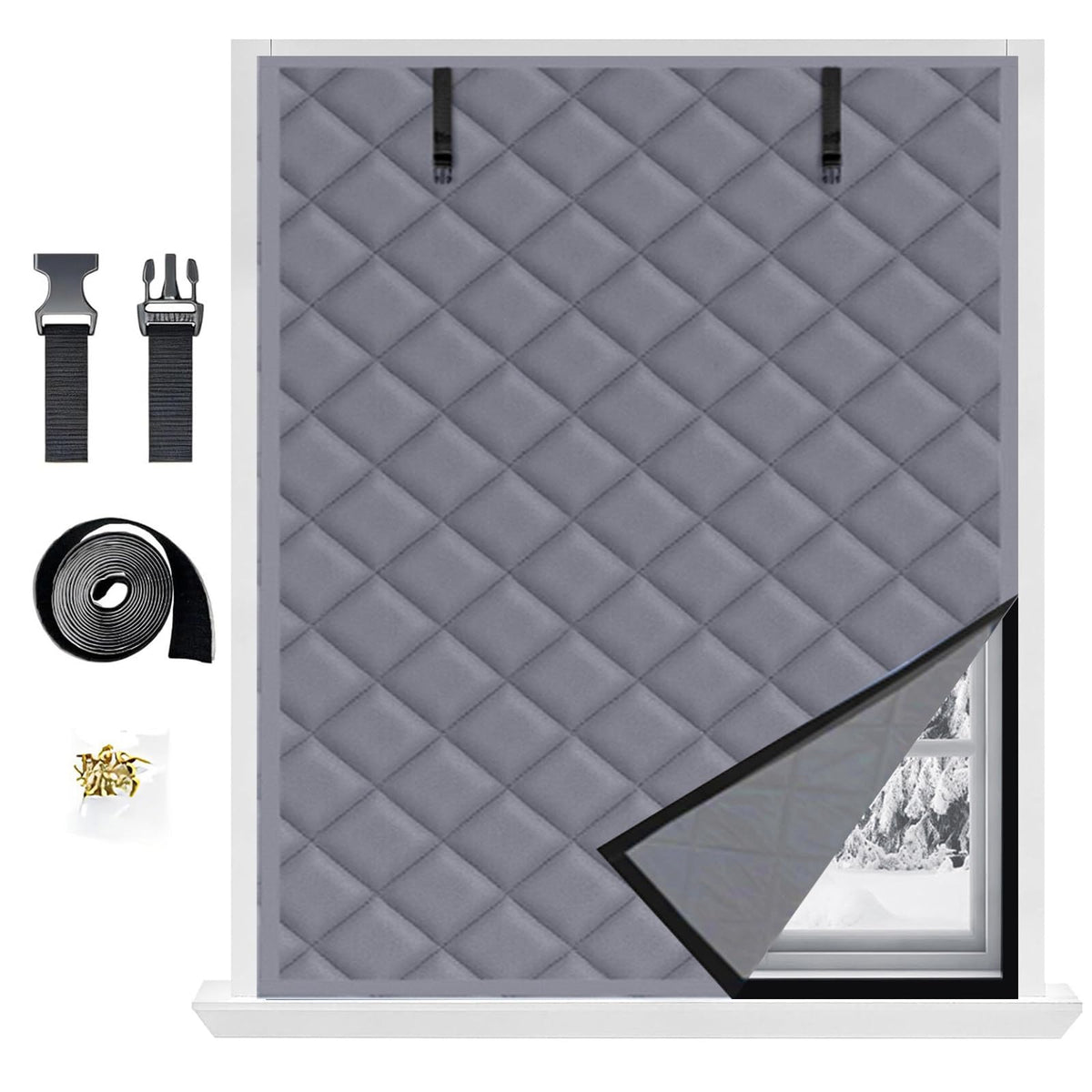 Winter Window Insulation Kit, 20" 28" 36" 48" 79" Cotton Insulated Curtains for Winter Window Insulation Cover, Thermal Window Cover for Winterizing Bedroom Attic RV Garage(Black,63x114in/160x290cm)