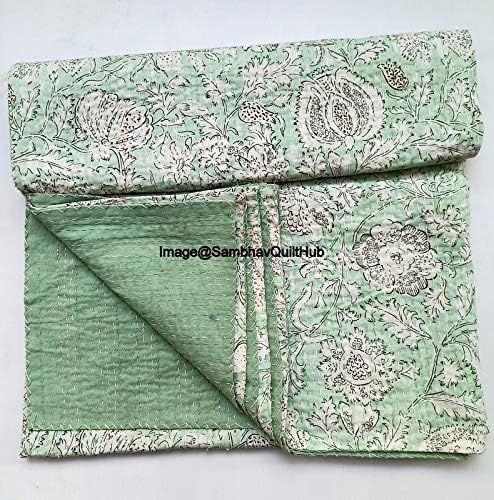 Indian Handblock Kantha Floral Printed Handmade Quilted Blanket Vintage Home Decorative KanthaThrow Blanket Kantha Bedcover Queen/King/CaliforiniaKing (Green, California King(108X108) inches)