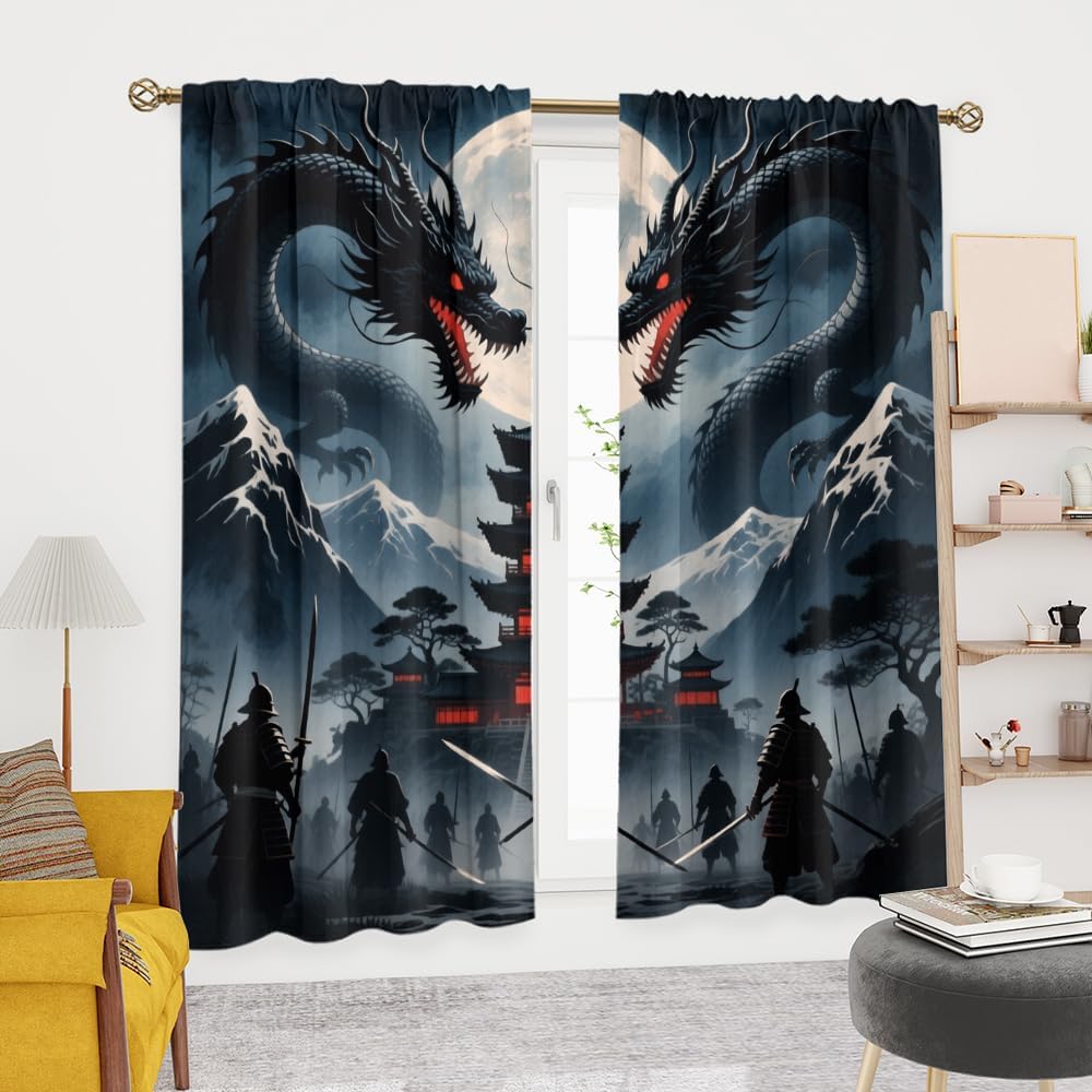Traditional Ukiyoe Wildlife Dragon Curtains-Dreamy Ancient Japan Architecture Rod Pocket Back Tab Window Drapes,Japanese Samurai Thermal Insulated Blackout Curtain,2pcs,Each 52“W x 96”L