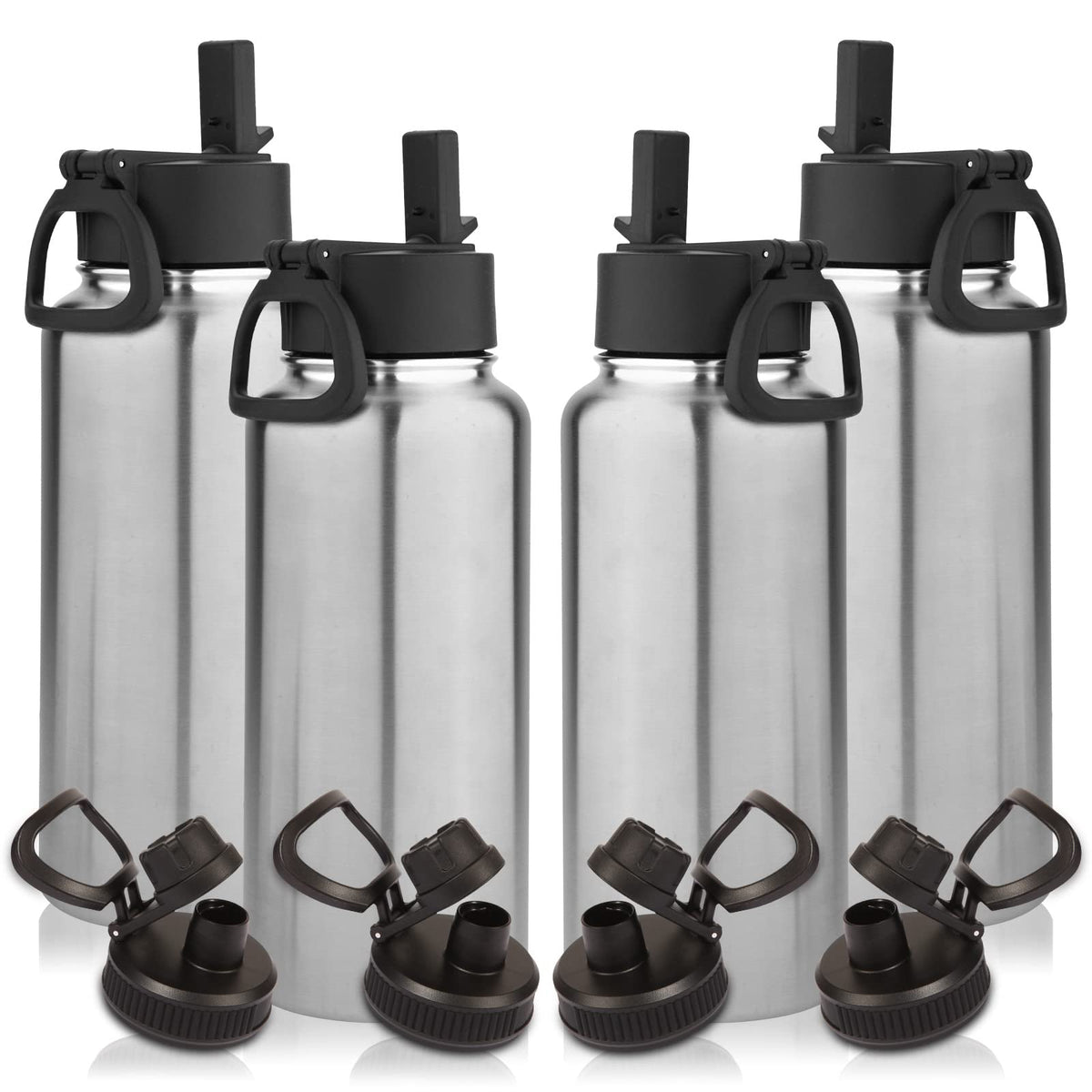 Volhoply 32oz Insulated Water Bottle with Straw Lid, Black, 8-Pack