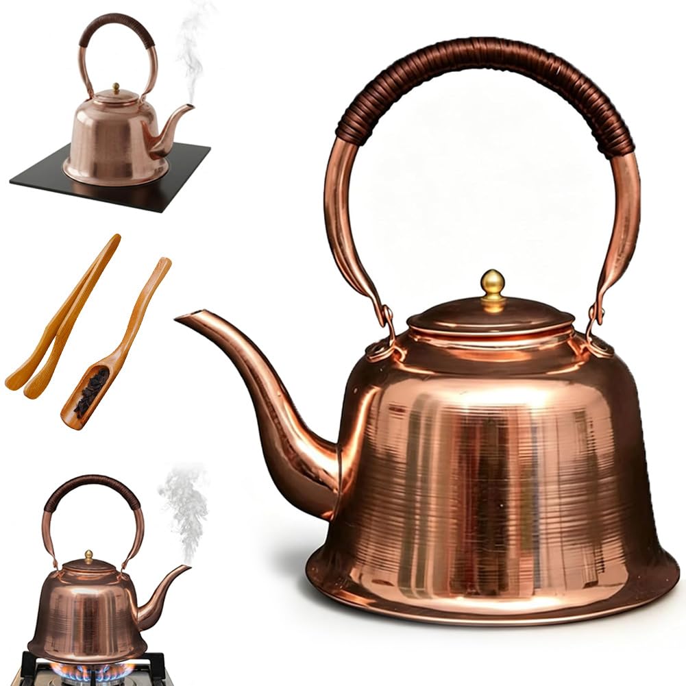 Solid Copper Tea Kettle for Stove Top, 1000ml Fast Boiling Vintage Copper Teapot, Easy to Clean Water Kettle for Induction, Gas & Electric Stoves