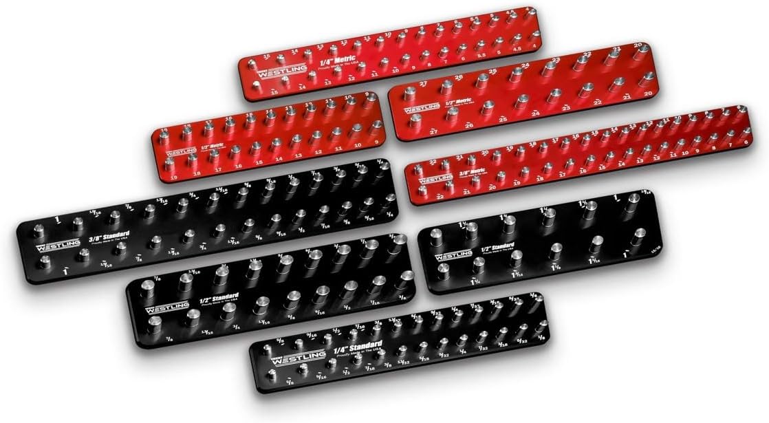 Westling USA Premium Aluminum Starter 8 Piece Socket Tray/Organizer Set, Holds 152 Standard and Metric Sockets (Black/Red, 2 Row)