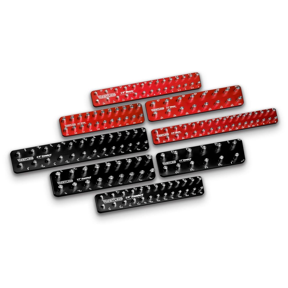 Westling USA Premium Aluminum Professional 8 Piece Socket Tray/Organizer Set, Holds 273 Standard and Metric Sockets (Red/Red, 3 Row)