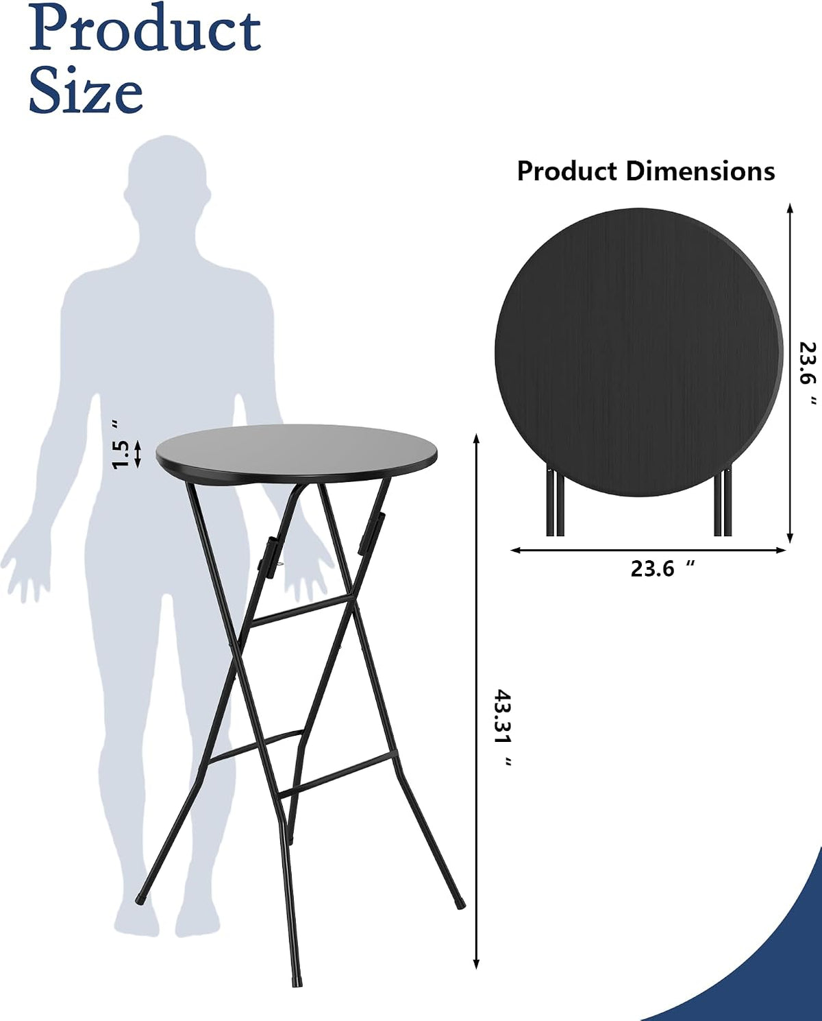24" Round Folding Table, Plastic Bar Height Tables for Parties Black