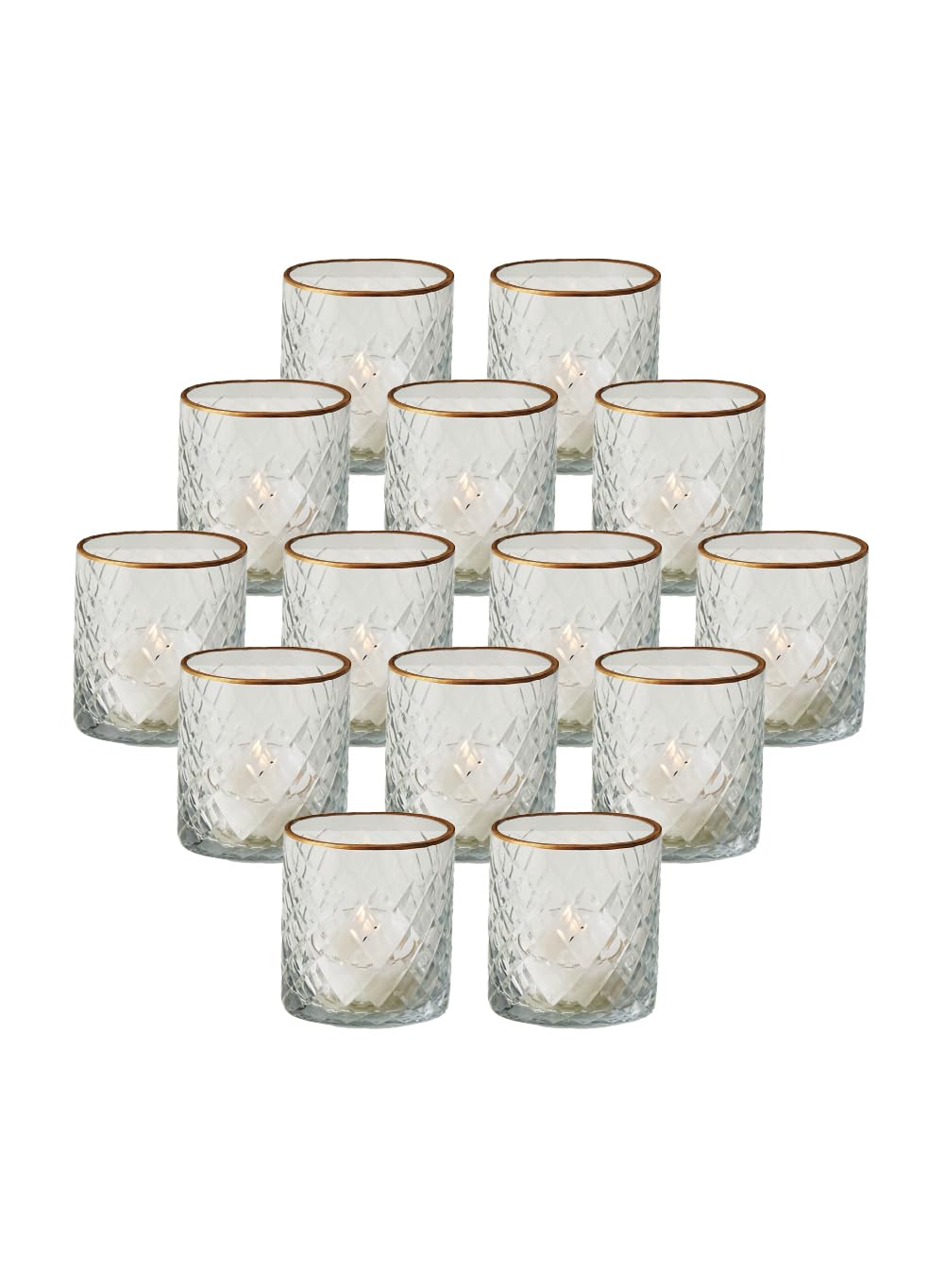 Serene Spaces Living Set of 32 Etched Stripes Glass Votive Holders with Gold Rim, Ideal for Wedding Decorations, Parties, Events, Measures 3" Tall and 2.5" Diameter