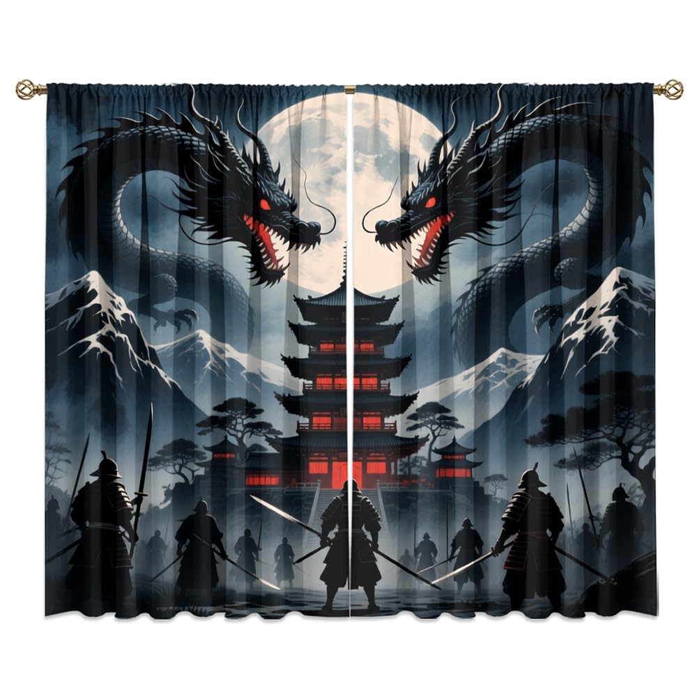 Dreamy Pink Wildlife Dragon Curtains-Fantasy Medieval Castle Rod Pocket Back Tab Window Drapes,Mythological Dragon Floral Roses Thermal Insulated Blackout Curtain,2pcs,Each 52“W x 96”L