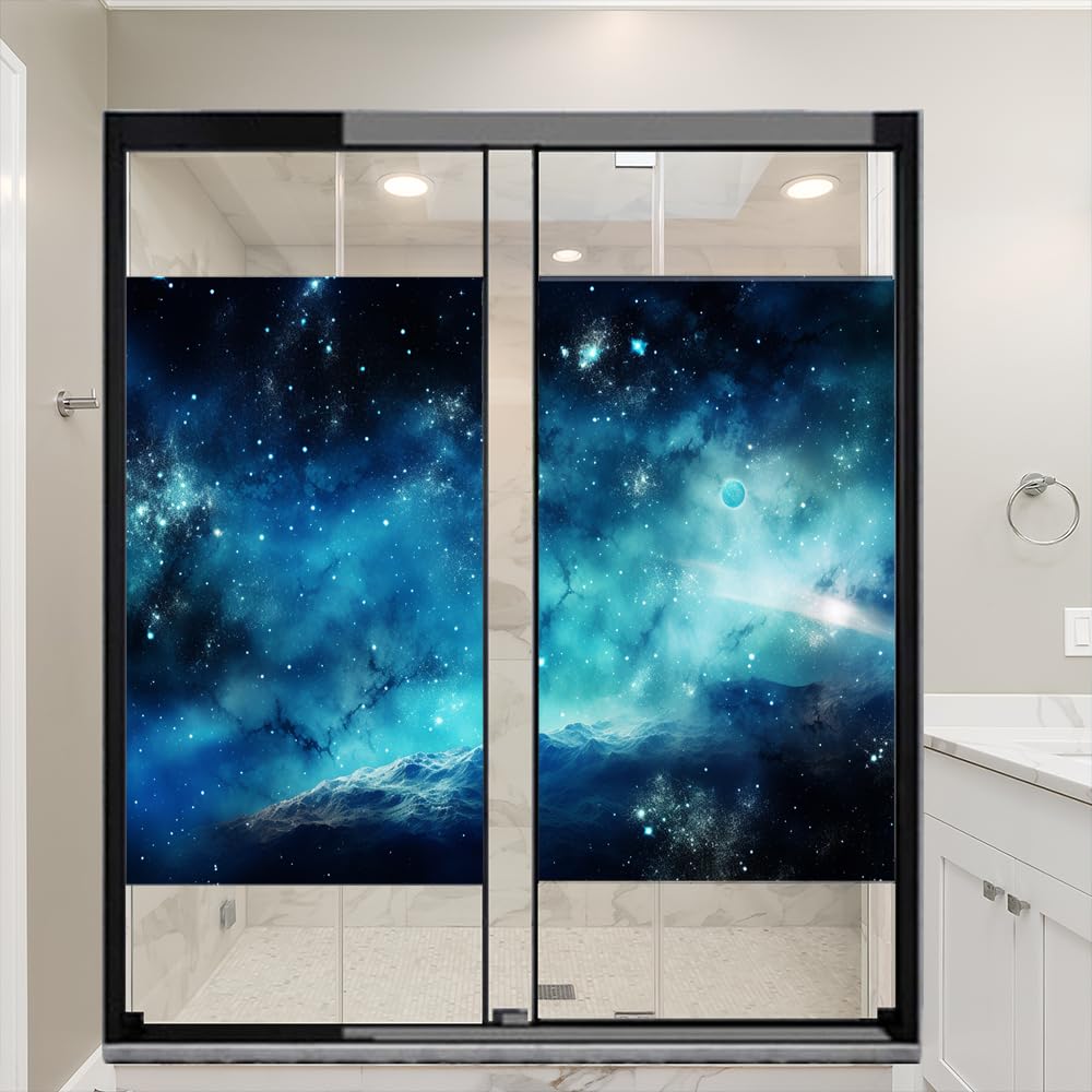 Fantasy Galaxy System Window Film Sun Blocking Abstract Space View Earth House Window Tint Film Adhesive Glass Sticker Coverings for Home Decorative 31.5Wx55.1L-inch x2 Pcs