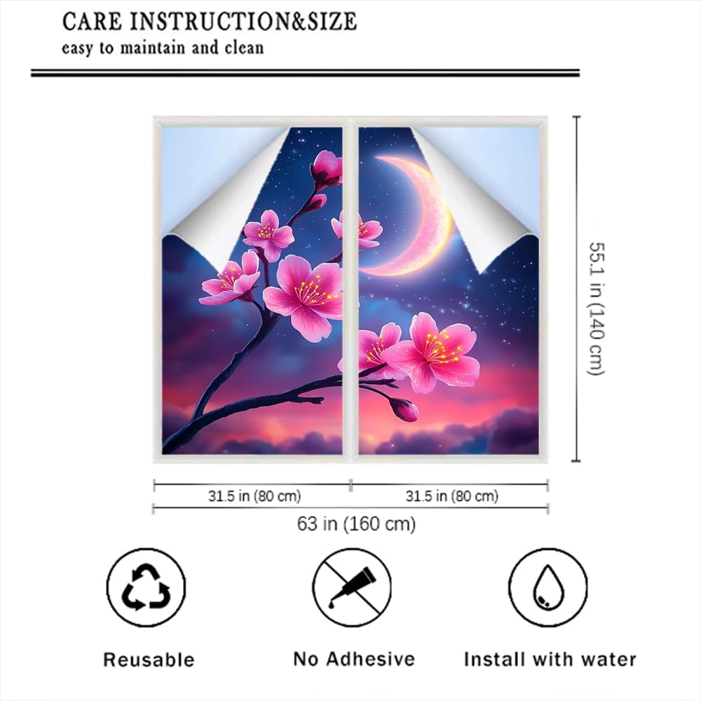 Moonlight Cherry Blossoms Privacy Window Film 31.5Wx55.1L inch x 2pcs
