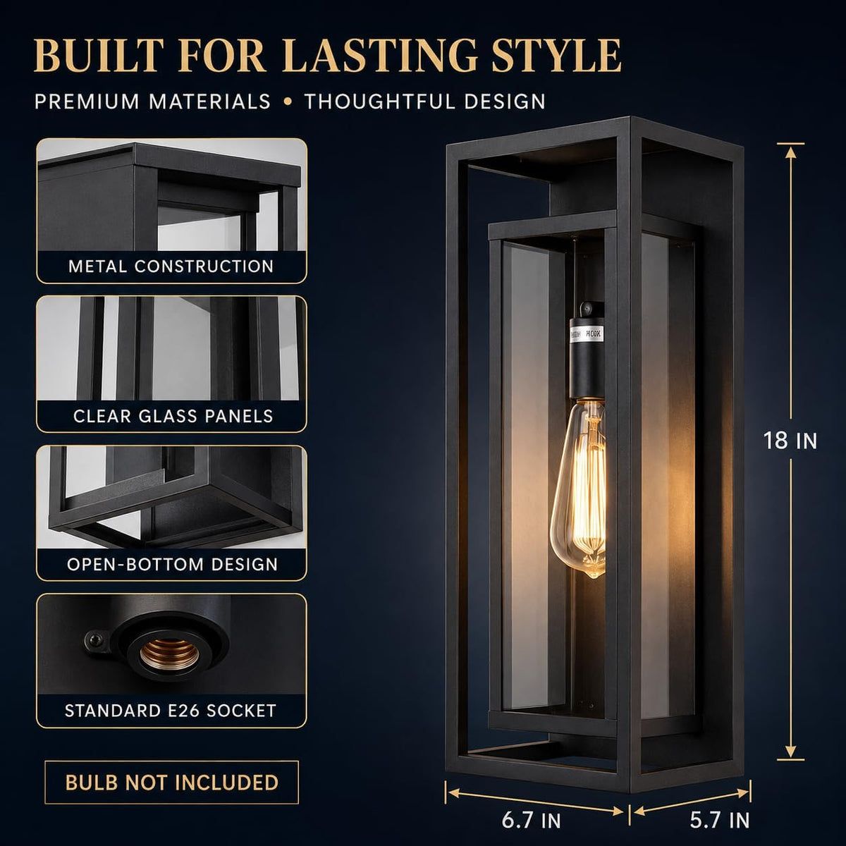 18 Inch 2 Pack Outdoor Wall Lantern Light Fixture，Large Black Exterior Wall Sconce with Clear Glass | Waterproof Anti-Rust Porch Light with E26 Socket for Entryway, Patio, Garage
