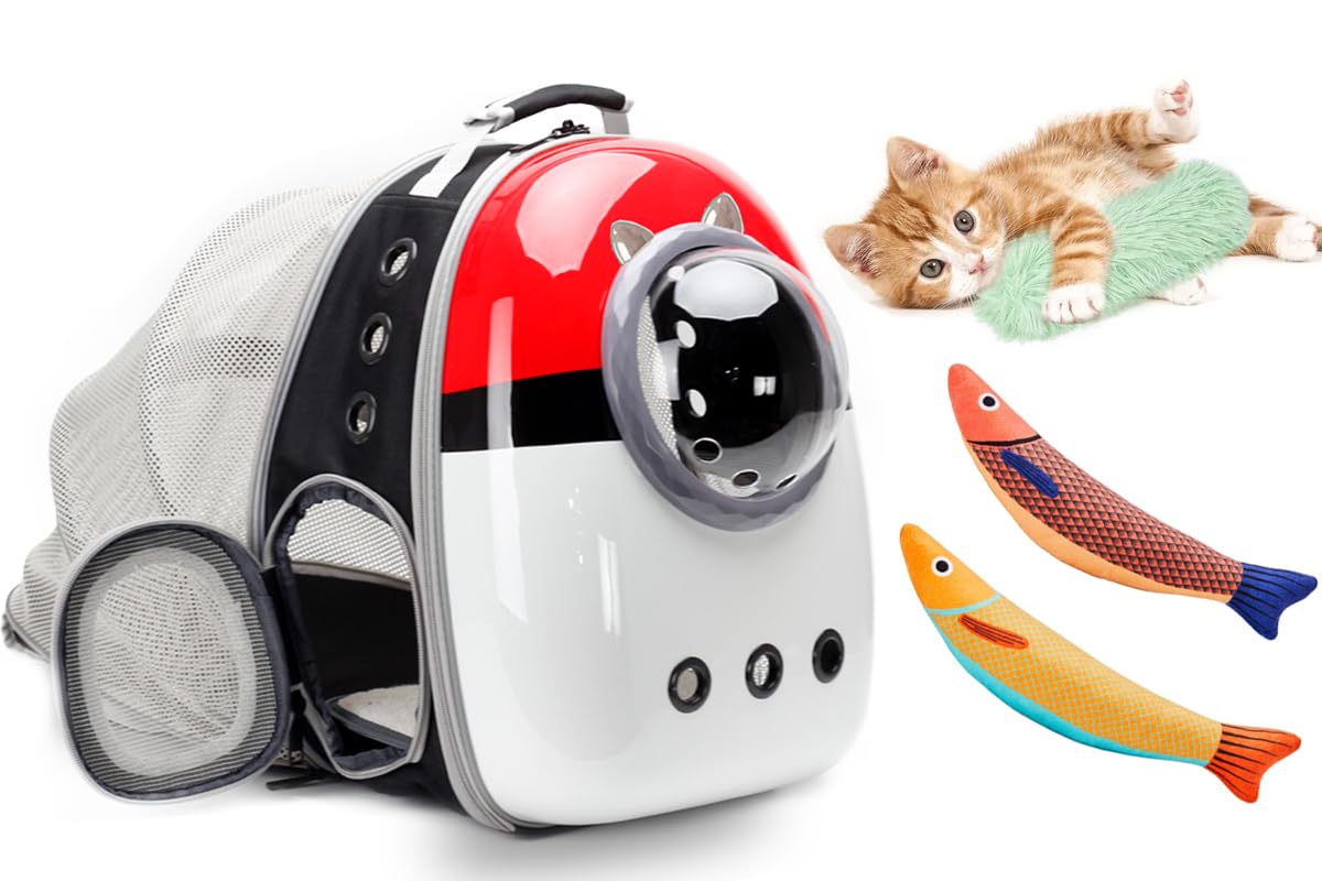Expandable Cat Carrier Backpack with Catnip Toys, Backpack for Cats Kitten Small Puppy, Airline Approved Cat Bubble Backpack, Space Capsule Astronaut Carrier… (RED BP&Toy, Back Extension)