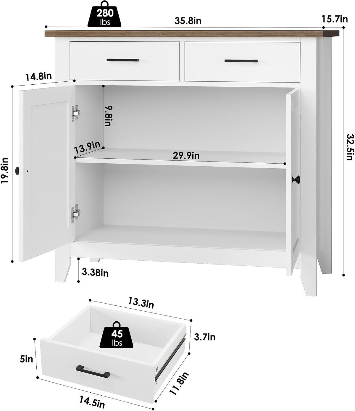 HORSTORS Farmhouse Kitchen Storage Cabinet, Small Buffet, Coffee Bar, White