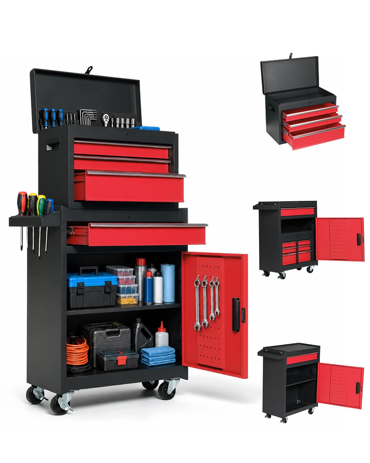 Winado 4-Drawer Rolling Tool Chest, 2-in-1 Large Storage Toolbox, Black