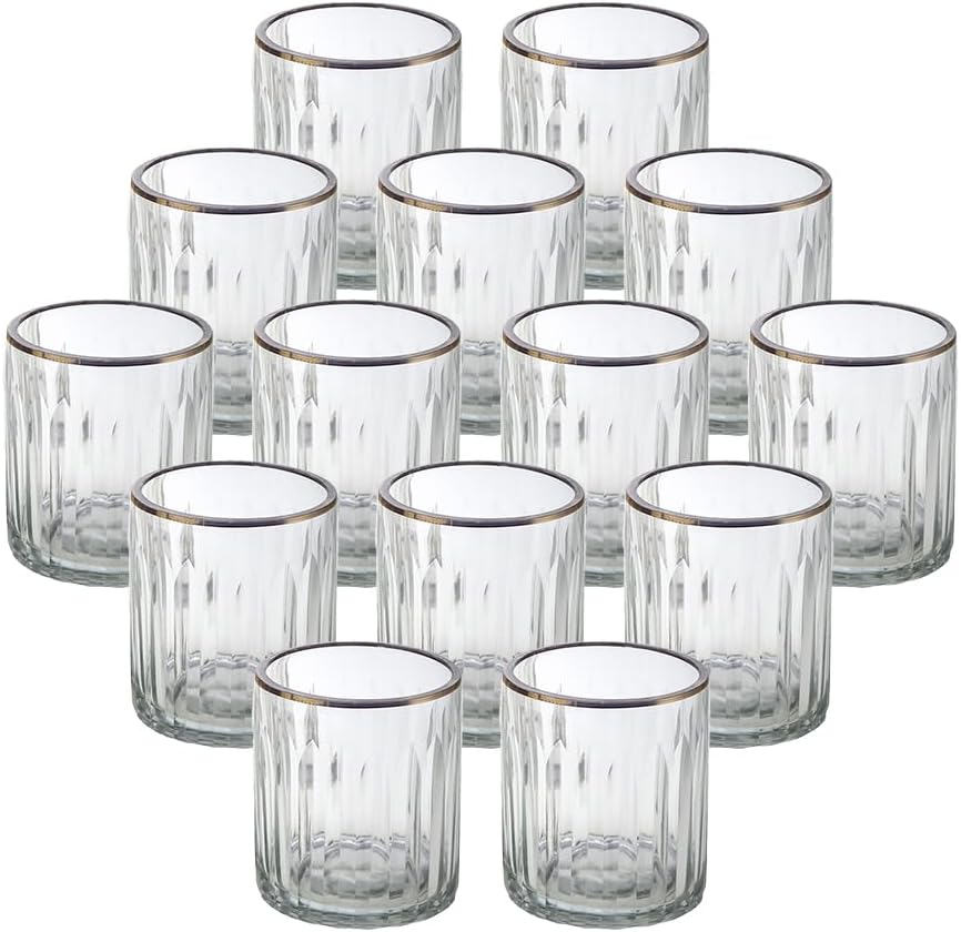Serene Spaces Living Set of 32 Etched Stripes Glass Votive Holders with Gold Rim, Ideal for Wedding Decorations, Parties, Events, Measures 3" Tall and 2.5" Diameter