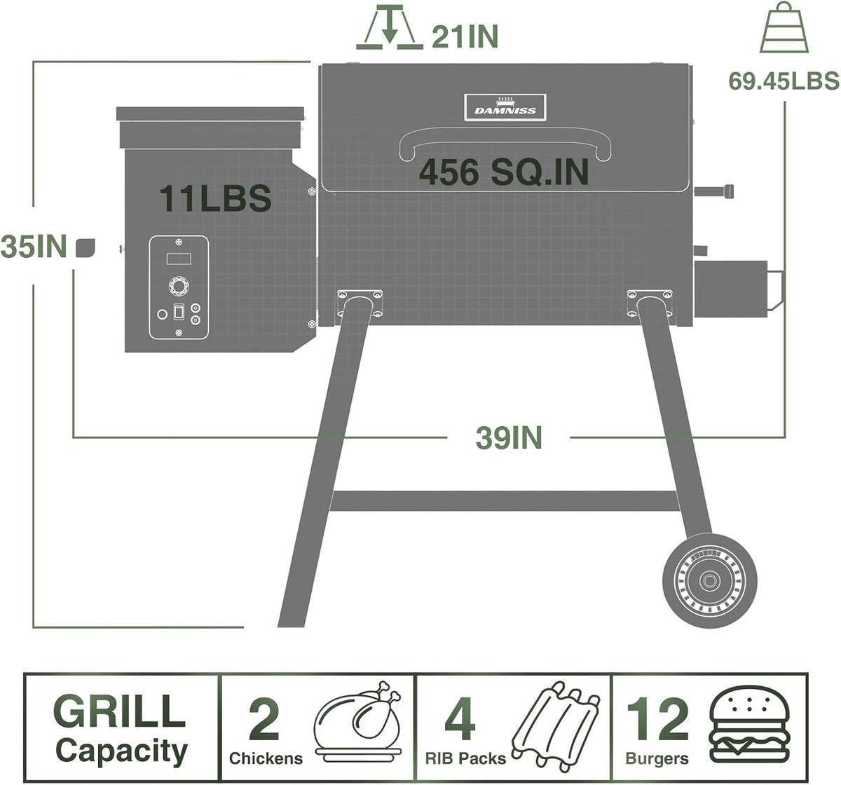 DAMNISS Wood Pellet Grill & Smoker 8-in-1 Pellet Grill with Automatic Temperature Control, & Rain Cover 456 Sq in Area for Backyard Camping Outdoor