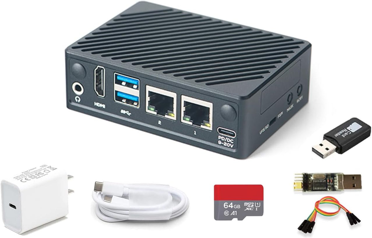 FriendlyElec Nanopi M5 Portable Mini Router OpenWRT - LPDDR5 8GB/16GB RAM 6TOPS NPU, RK3576 SoC with Al Model, Dual Gbps Ethernet for IoT NAS Smart Gateway (with WiFi Module, 4GB, TF Card Kit)