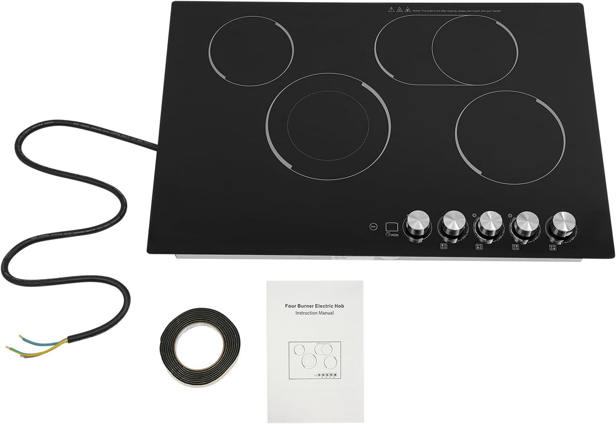 4-Burner Cooktop 110V 1200W Built-in Stove Top with 0-90mins Timer,with Independent Knob Child Lock 4 Power Levels Ceramic Cooktop for Kitchens, No Plug