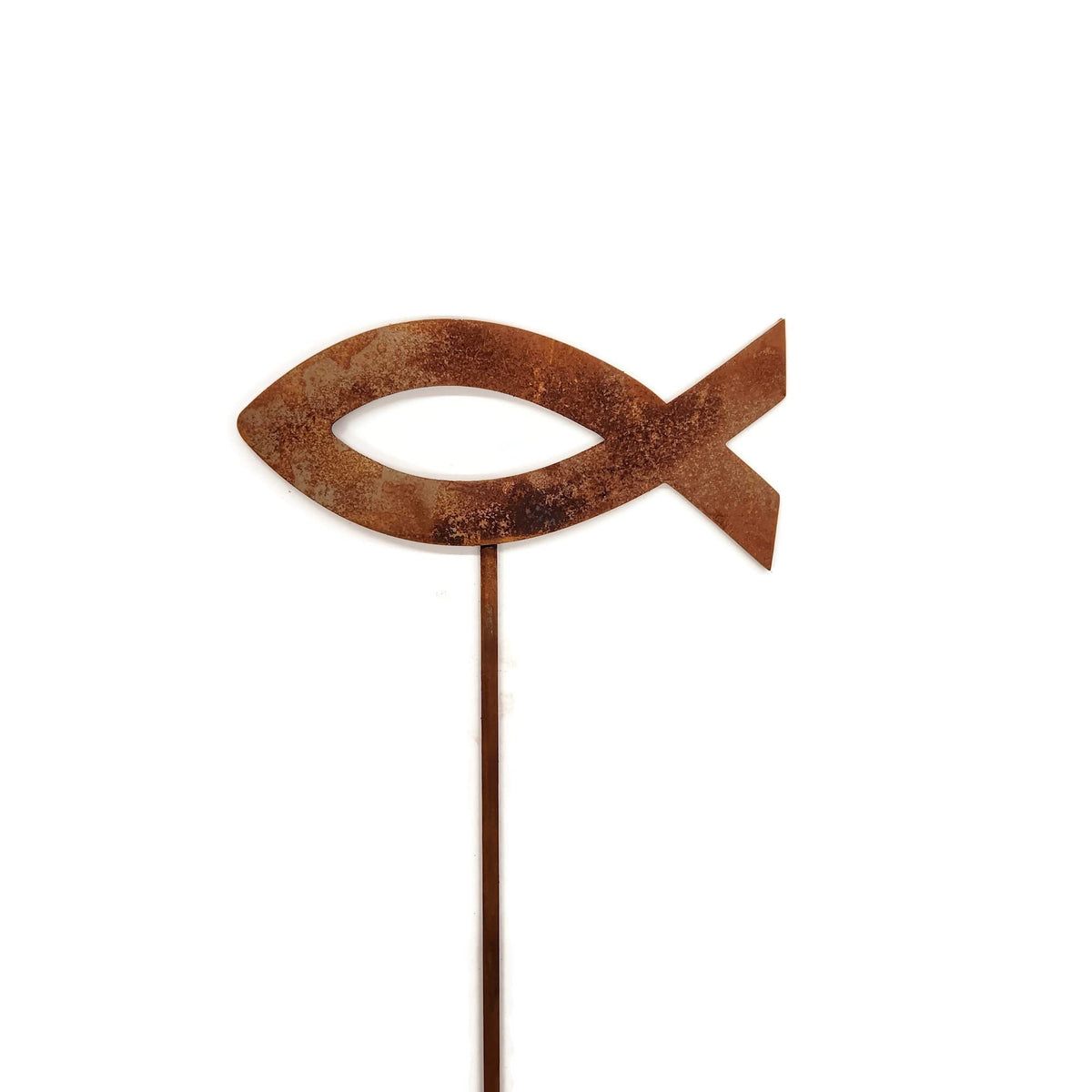 Christian Jesus Fish Metal Steel Garden Landscape Stake 20 to 33 Inches Tall (Jesus Fish with Cross 33" Tall Including Stake, Naturally Rusted)
