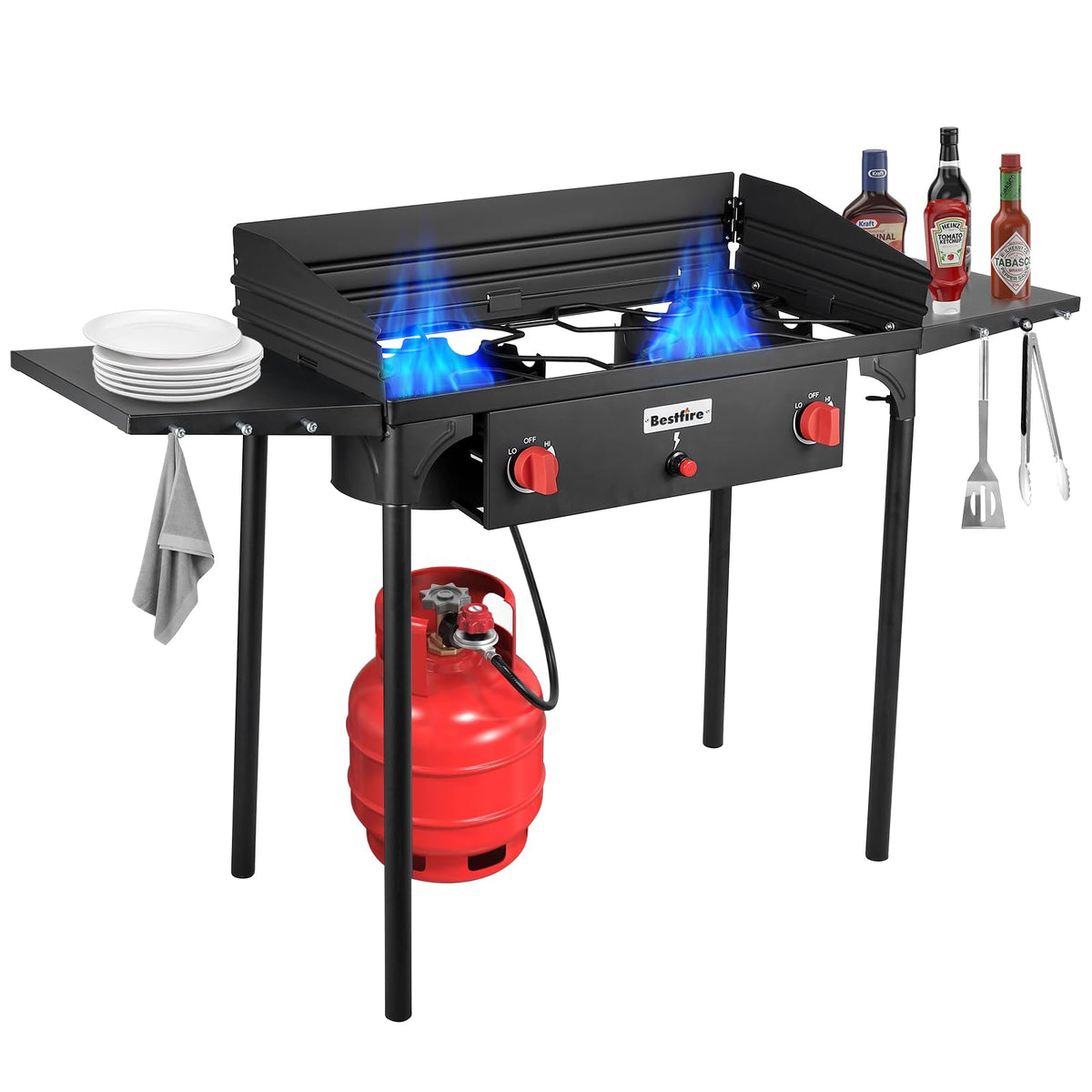 BESTFIRE 2 Burner Camping Stove,150,000 BTU High Pressure Outdoor Propane,4ft 20 PSI Adjustable Regulator Hose With Removable Legs for Backyard Cooking Camping Home