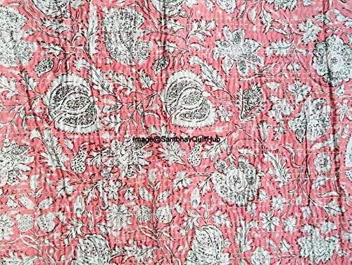 Indian Handblock Kantha Floral Printed Handmade Quilted Blanket Vintage Home Decorative KanthaThrow Blanket Kantha Bedcover Queen/King / CaliforiniaKing (Pink, Queen/king 90X108 inches)