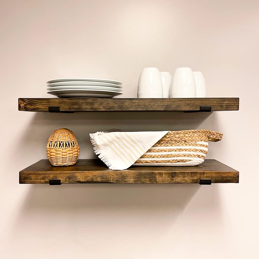 Rustic Shelves with J-Brackets Set of 2, Industrial Shelf, Kitchen Shelves, Solid Wood, Decorative Wall Storage, Heavy Duty, URBANDI (Provincial, 12Wx6D)